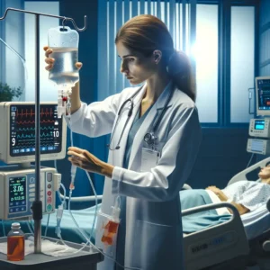 An animated image that portrays a critical and urgent moment in the treatment of sepsis, focusing on a female doctor in a standard hospital room handling an IV.
