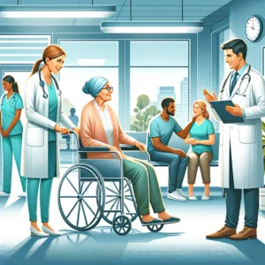 illustrated scene depicting the concept of patient experience in healthcare. The image features a modern hospital environment with diverse patients
