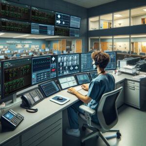 A nurse working in a control room in a hospital. The nurse is seated at a desk with multiple monitors displaying patient data, and medical records