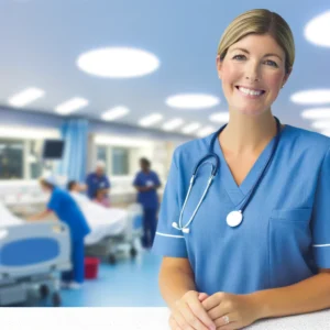 A positive and hopeful image for a blog post about overcoming nursing burnout, featuring a female nurse in a blue uniform. The setting is a hospital.