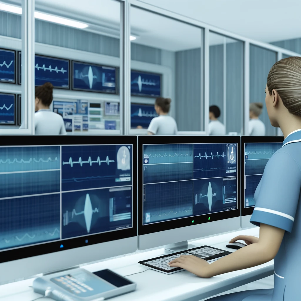 contemporary remote control centere where nurses are monitoring patients using advanced yet realistic technology. The scene depicts a modern hospital department.