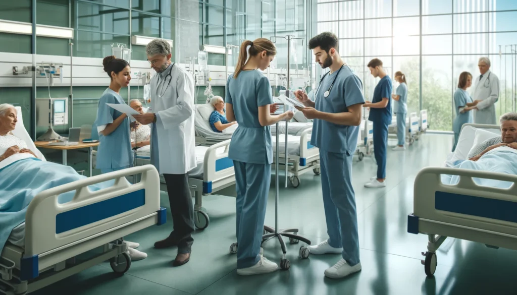 A modern hospital-ward where a small group of clinicians are providing excellent care-to patients. The scene includes a few nurses and doctors in scrubs