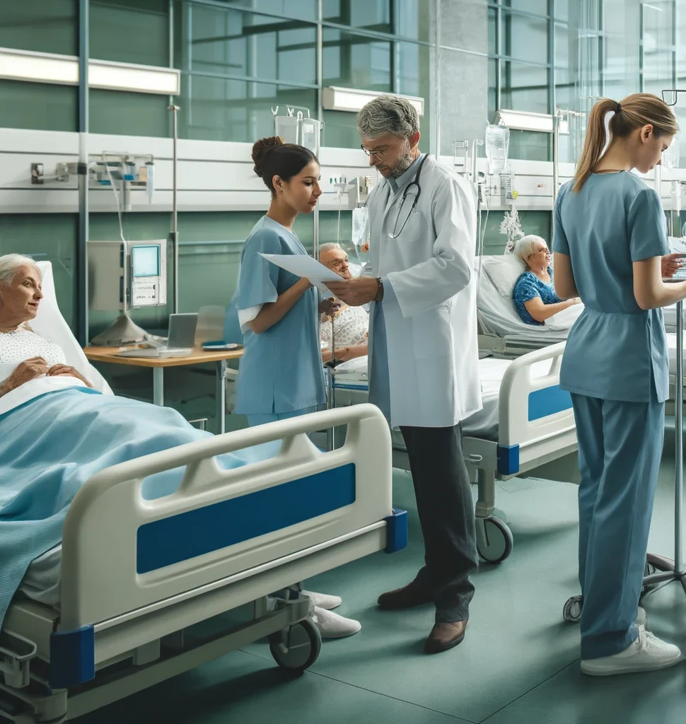A modern hospital-ward where a small group of clinicians are providing excellent care-to patients. The scene includes a few nurses and doctors in scrubs