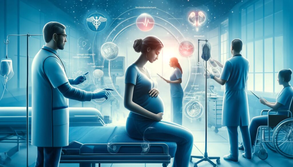pregnant woman in a medical setting, interacting with healthcare professionals and surrounded by medical equipment. This visual emphasizes maternal care and management strategies.