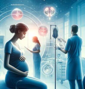 pregnant woman in a medical setting, interacting with healthcare professionals and surrounded by medical equipment. This visual emphasizes maternal care and management strategies.