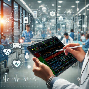 A modern healthcare setting with a doctor using a tablet displaying a Clinical Decision Support System CDS interface