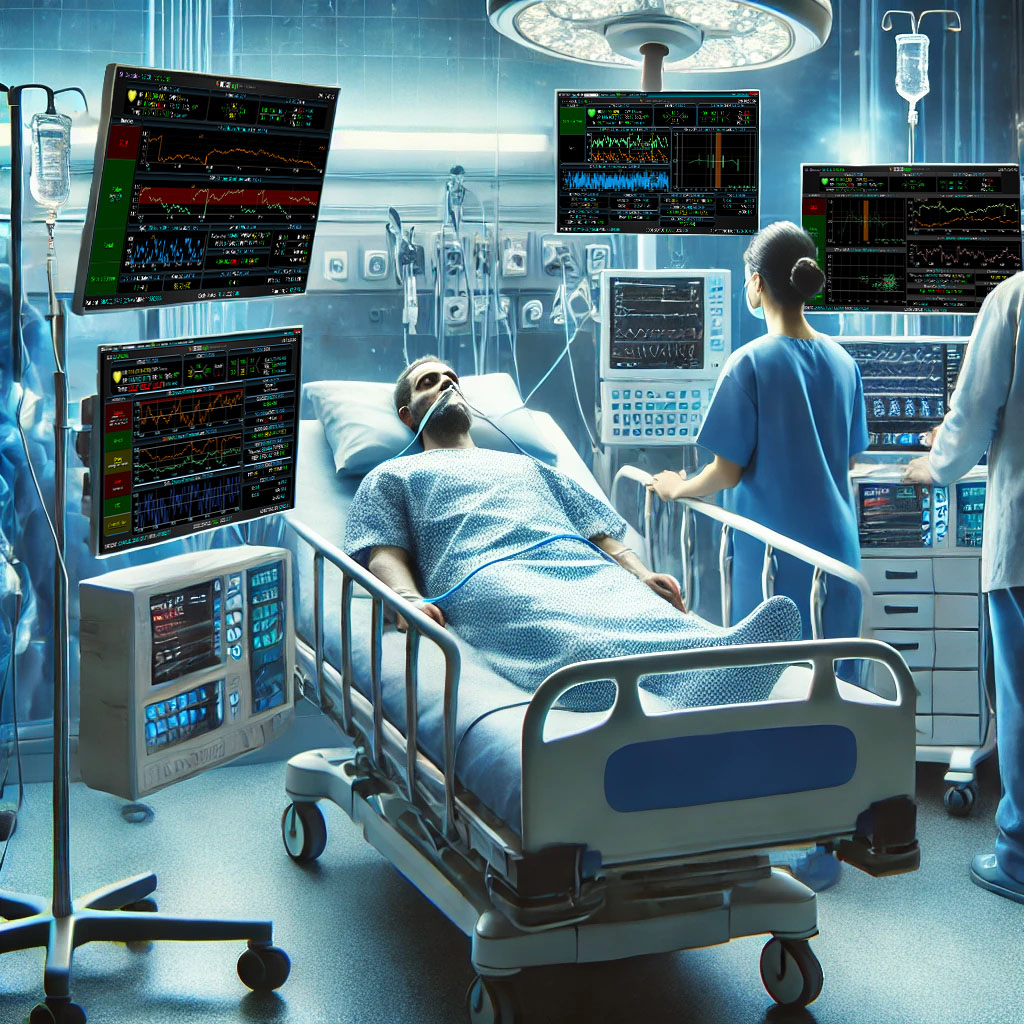 a patient in a hospital under critical care