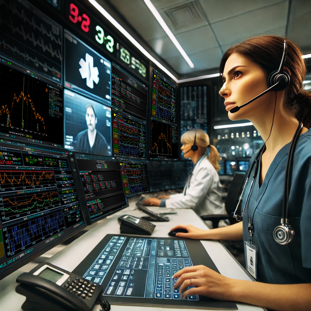 nurses sitting in a modern healthcare control center.